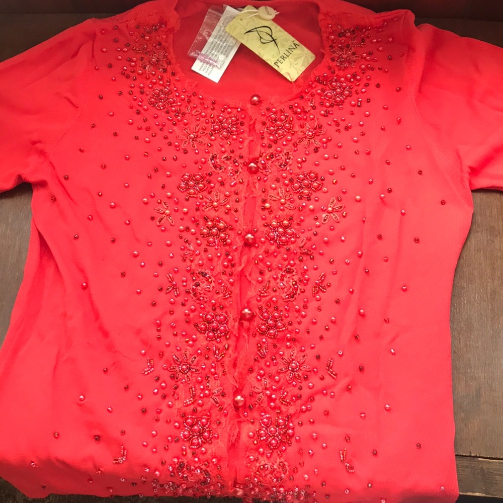 Red beaded cardigan with tags!